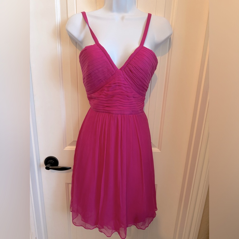 BCBGMAXAZRIA 100% Silk Fuchsia Pleated Panel Dress with Fit & Flare Style, Sz 4